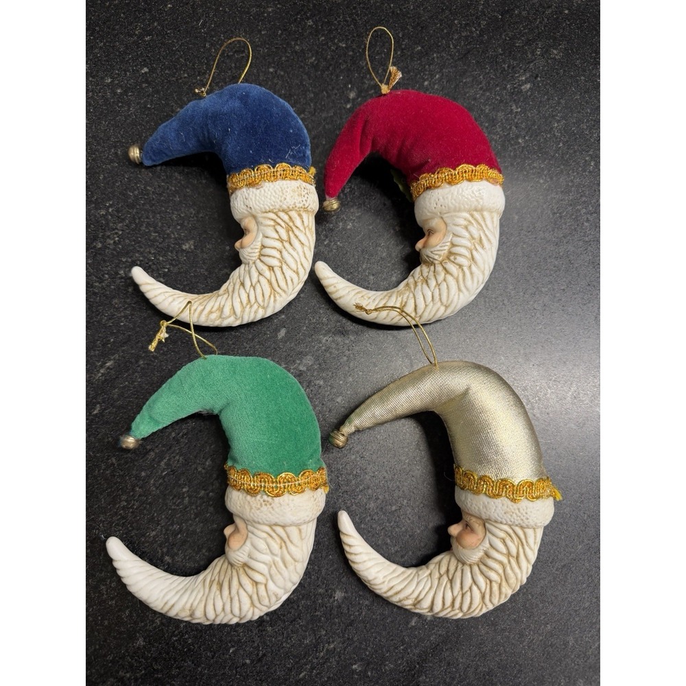 Vintage Set of 4 Porcelain Santa Face Christmas Ornaments Flocked Hats 5" - Picture 2 of 6
